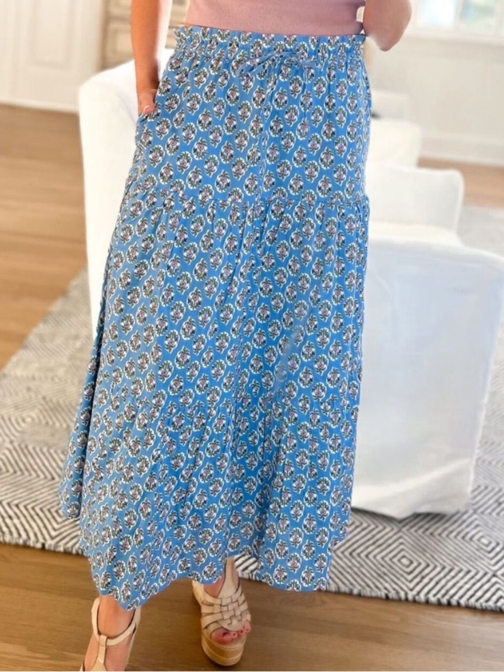 J. Crew Tiered Maxi Skirt Block Print Floral 100% Cotton Cottagecore Blue 3X - Picture 4 of 11
